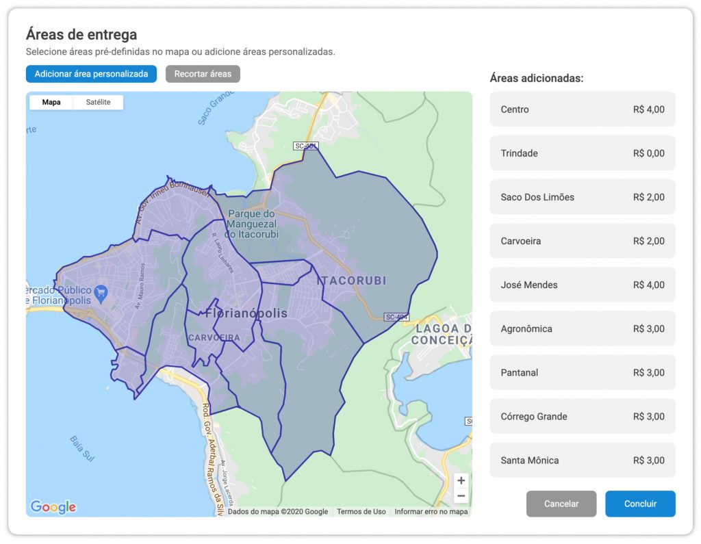 Configuração de áreas de entrega no Hubt