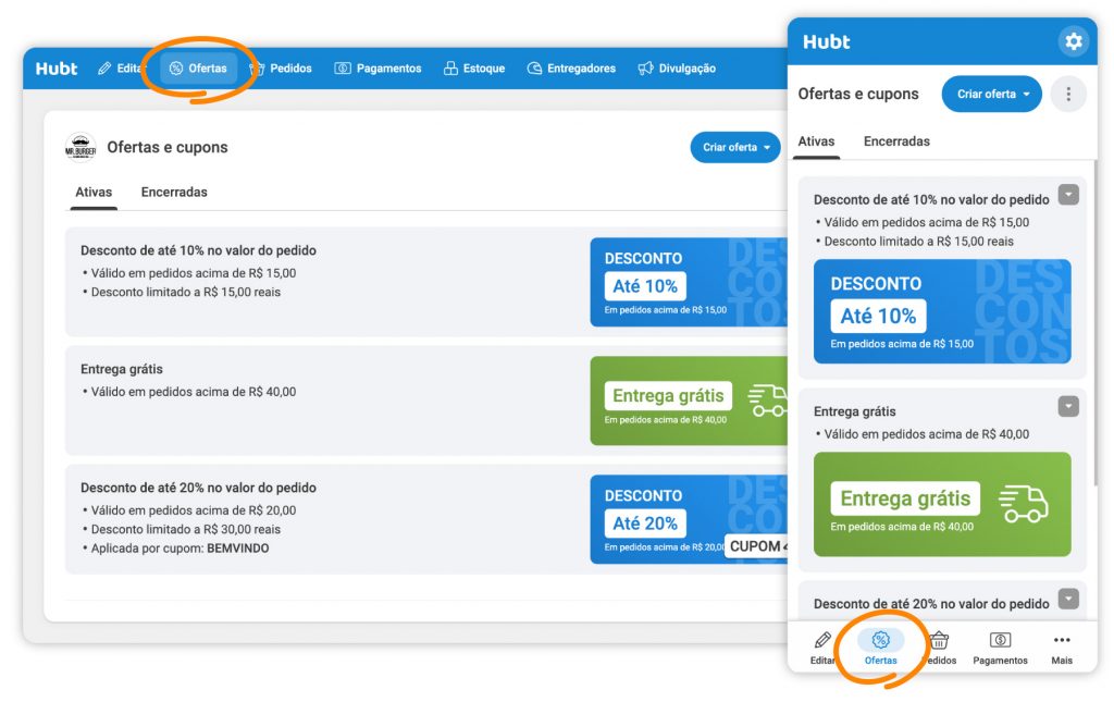área de ofertas e cupons no Hubt para restaurante