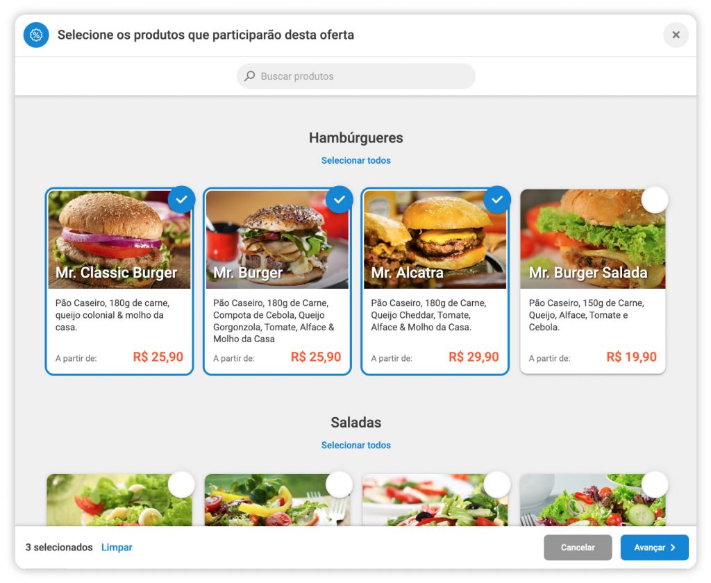 seleção de produtos para oferta no Hubt