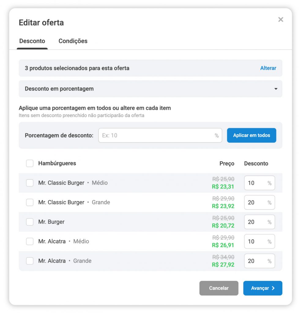 configuração de desconto em produtos selecionados no Hubt