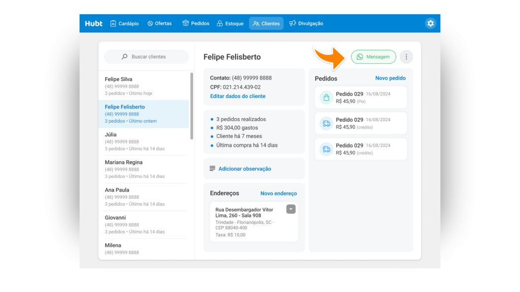 Contato com cliente pelo WhatsApp no Painel de Clientes do Hubt