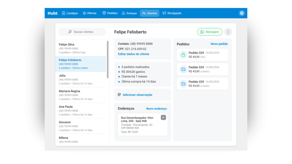 Painel de Clientes do Hubt para restaurante
