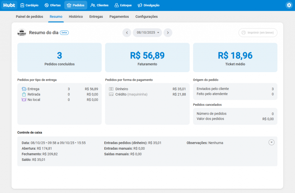 resumo do dia e controle de caixa para restaurante no Hubt