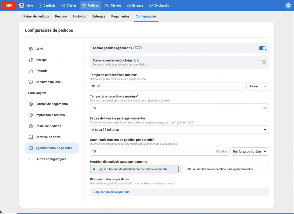 configurações hubt agendamento de pedidos