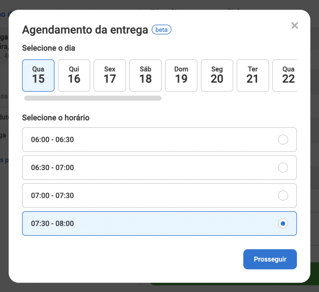 horários disponíveis agendamento delivery